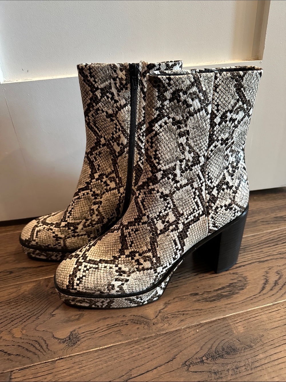 Aqua Snake-Print Platform Ankle Boots in Black & White